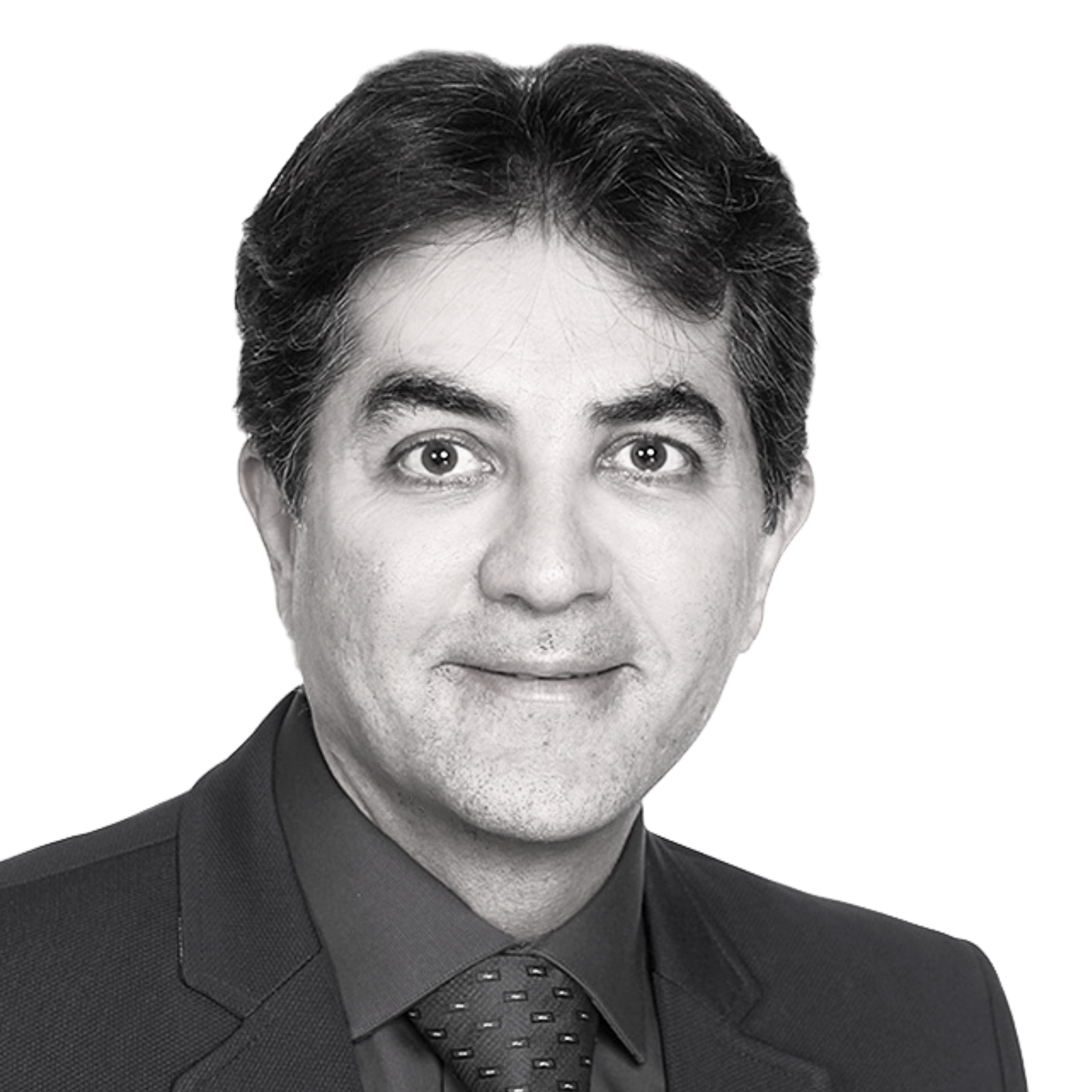 Mehran Ghoreishi Naturopathic Doctor, Black and white headshot of a middle-aged man with dark hair and dark eyes, wearing a suit and tie, smiling slightly at the camera